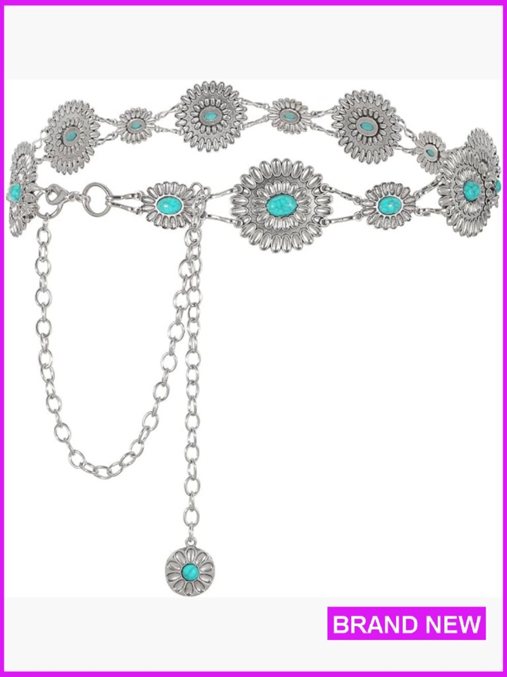 Silver-Tone Turquoise Concho Chain Belt - Women Accessories - New -
